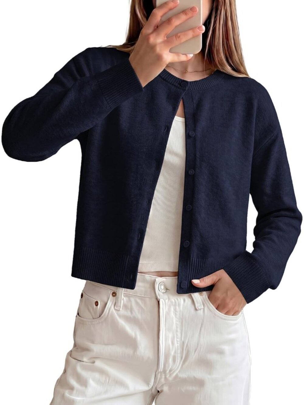 🆕Women's Navy Blue Cropped Knit Cardigan Sweater Crew Neck Button Front Jacket